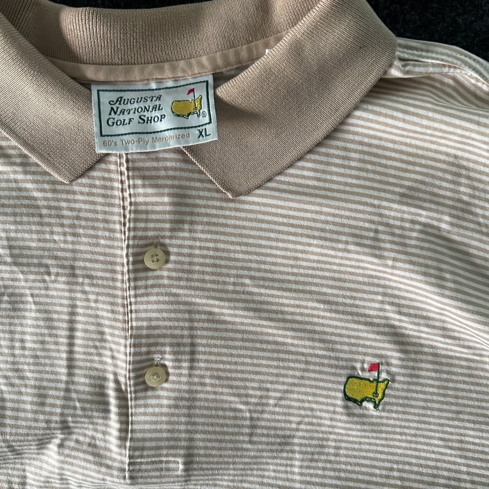Augusta National Golf Shop Masters Polo Shirt Mens XL Tan White Striped Cotton